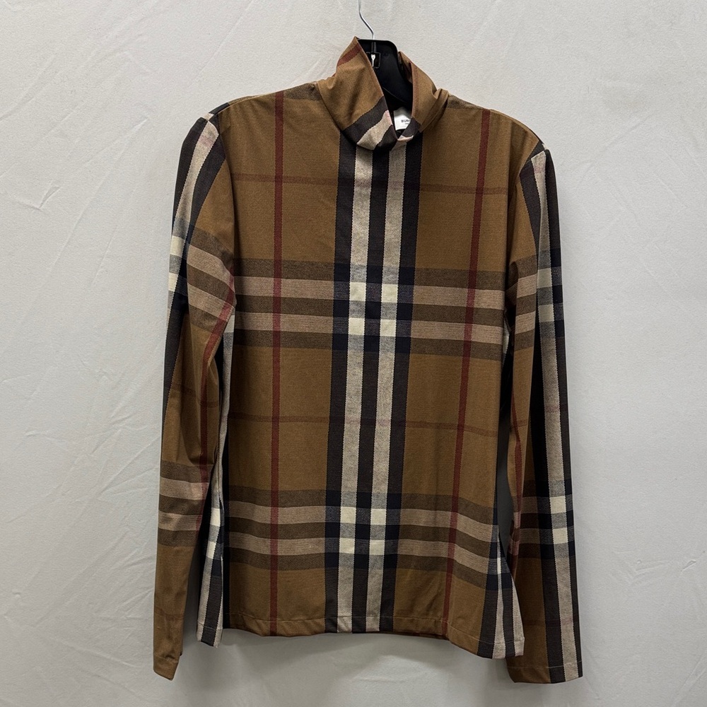 Burberry Brown Check Plaid Long Sleeve Turtleneck Top
